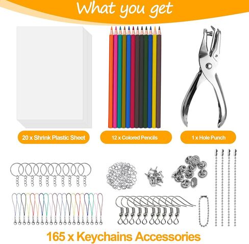 Hewolly 200 Pieces Shrinky Plastic Sheets Kit, Includes 20 Blank Sheets, 1 Hole Punch, 165 Keychain Accessories, and 12 Colored Pencils for Creative Art and Craft in Saudi Arabia