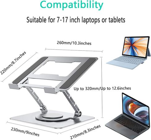Laptop Stand Aluminum Computer Stand for Desk with 360° Rotating Base Adjustable Height and Angle Ergonomic Designe, Compatible with MacBook, Tablets and All Notebook 7-17" Silver in Saudi Arabia