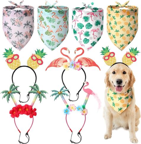 JaGely 8 Pcs Hawaiian Dog Bandana Party Headbands Set Cute Puppy Bibs Flamingo Pineapple Palm Tree Luau Party Head Boppers for Small Large Dogs Tropical Party Accessories Summer Beach Party Supplies in Saudi Arabia