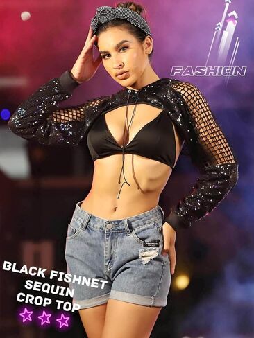 سترة بقلنسوة شبكية من EASEDAILY للسيدات بأكمام طويلة ومزينة بالترتر سترة قصيرة للحفلات الهذيان باللون الأسود in Kuwait