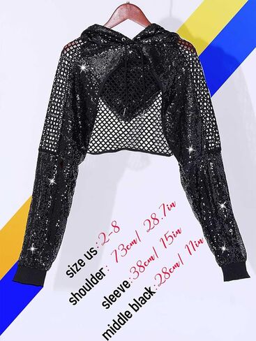سترة بقلنسوة شبكية من EASEDAILY للسيدات بأكمام طويلة ومزينة بالترتر سترة قصيرة للحفلات الهذيان باللون الأسود in Kuwait