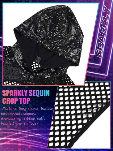 سترة بقلنسوة شبكية من EASEDAILY للسيدات بأكمام طويلة ومزينة بالترتر سترة قصيرة للحفلات الهذيان باللون الأسود in Kuwait