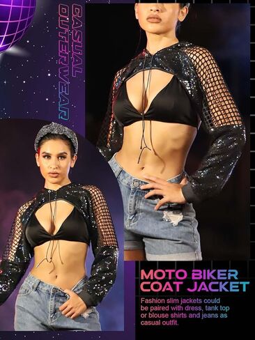 سترة بقلنسوة شبكية من EASEDAILY للسيدات بأكمام طويلة ومزينة بالترتر سترة قصيرة للحفلات الهذيان باللون الأسود in Kuwait