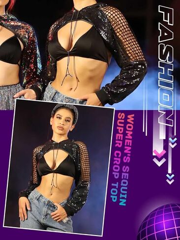 سترة بقلنسوة شبكية من EASEDAILY للسيدات بأكمام طويلة ومزينة بالترتر سترة قصيرة للحفلات الهذيان باللون الأسود in Kuwait