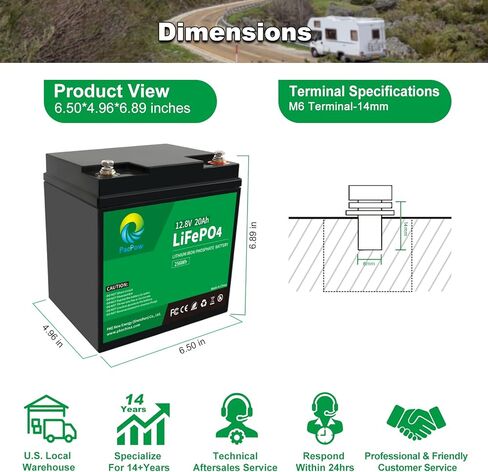 بطارية ليثيوم فوسفات الحديد LiFePO4 بقدرة 12 فولت 20 أمبير في الساعة من PacPow مع BMS مدمج لمكتشف الأسماك وراديو لحم الخنزير والسكوتر ومحرك التصيد والضوء وسيارة الأطفال (السعة الفعلية 24 أمبير في الساعة والطاقة الفعلية 307.2 وات في الساعة) in Kuwait