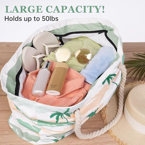 Stylish Waterproof Beach Tote Bag for Women, Large Capacity Zipper Closure with Rope Shoulder Straps in Saudi Arabia