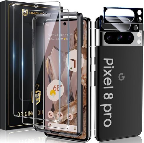 واقي شاشة UniqueMe لهاتف Google Pixel 8 Pro، [فتح بصمة الإصبع المتوافق] قطعتان من واقي عدسة الكاميرا المقاوم للكسر من الدرجة العسكرية وقطعتان من الزجاج المقسى 9H لهاتف Pixel 8 pro سهل التركيب in Kuwait