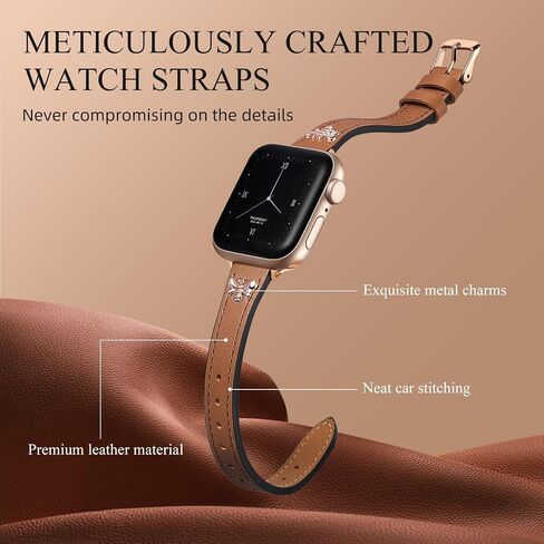 Adorve Slim Leather Band Compatible with Apple Watch Bands for Women 40mm 41mm 38mm 42mm 44mm 45mm, Top Grain Genuine Soft Leather Band with Charms for iWatch Bands Women Series SE 9 8 7 6 5 4 3 2 1 in Saudi Arabia
