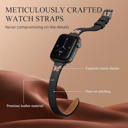 Adorve سوار جلدي نحيف متوافق مع أساور ساعة Apple للنساء 40 مم 41 مم 38 مم 42 مم 44 مم 45 مم، سوار من الجلد الناعم الأصلي المحبب مع سحر لأساور iWatch النسائية سلسلة SE 9 8 7 6 5 4 3 2 1 in Kuwait