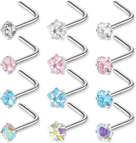 Yolev 12pcs Nose Rings Hypoallergenic Stainless Steel L-Shaped Nose Stud Screws with Cubic Zirconia Nose Piercing Jewellery for Women Men L Shape Czech Crystal Small Nose Piercing Set in Saudi Arabia
