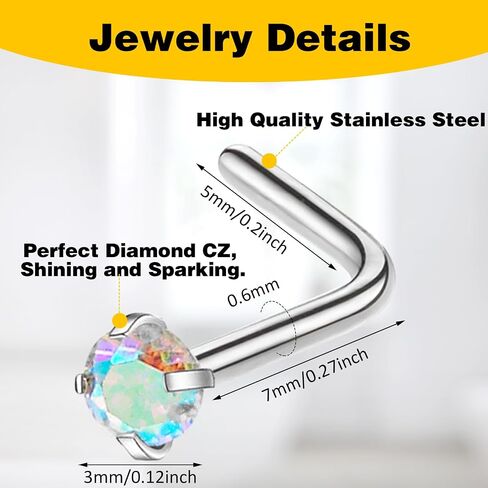 Yolev 12pcs Nose Rings Hypoallergenic Stainless Steel L-Shaped Nose Stud Screws with Cubic Zirconia Nose Piercing Jewellery for Women Men L Shape Czech Crystal Small Nose Piercing Set in Saudi Arabia