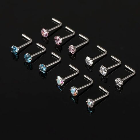 Yolev 12pcs Nose Rings Hypoallergenic Stainless Steel L-Shaped Nose Stud Screws with Cubic Zirconia Nose Piercing Jewellery for Women Men L Shape Czech Crystal Small Nose Piercing Set in Saudi Arabia