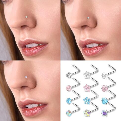 Yolev 12pcs Nose Rings Hypoallergenic Stainless Steel L-Shaped Nose Stud Screws with Cubic Zirconia Nose Piercing Jewellery for Women Men L Shape Czech Crystal Small Nose Piercing Set in Saudi Arabia