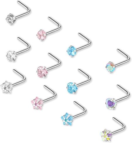 Yolev 12pcs Nose Rings Hypoallergenic Stainless Steel L-Shaped Nose Stud Screws with Cubic Zirconia Nose Piercing Jewellery for Women Men L Shape Czech Crystal Small Nose Piercing Set in Saudi Arabia