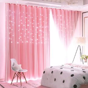 UNISTAR 2 Panels Stars Blackout Curtains for Bedroom Girls Kids Baby Window Decoration Double Layer Star Cut Out Aesthetic Living Room Decor Wall Home Curtain,W52 x L63 Inches,Pink in Kuwait
