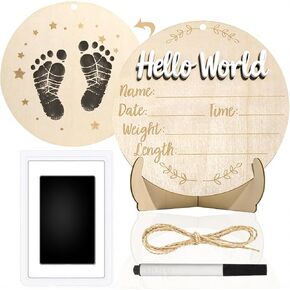 XCMVCN Baby Announcement Sign, 5.9 Inch Round Wooden Hello World Newborn Signs, Birth Announcement Sign: Equipped with Ink Pad Can Baby Handprints and Footprints for Photo Prop Hospital Nursery Gift in Kuwait