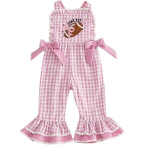 Toddler Football Outfits Bell Bottom Overalls Sleeveless Jumpsuit | Baby Girls Football Outfit Plaid Overalls Bell Bottoms with Double Bow, for Football Season Game Day, for 18M-6Y Girl in Kuwait