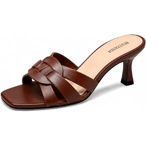 Kitten Heels for Women Square Toe Slip On Mules Heeled Sandals | 2.36 inch low block heel with comfort foam. Faux leather crisscross straps for office, parties, weddings, and summer events. in Kuwait