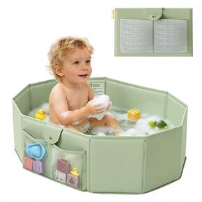 UNCLE WU Foldable Baby Bathtub for Toddlers, Portable Collapsible Bath Tub | Folds flat to store, converts shower to tub for kids 12 months to 5 years. Non slip base, fast drain, fits small spaces in Kuwait