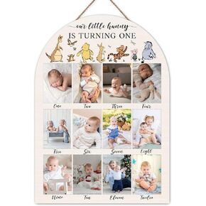 Winnie My First Year Photo Board, Our Little Hunny is Turning One Baby Monthly Milestone Sign, Wooden Picture Board for 12 Photos, Boys Girls Baby 1st Birthday Keepsake Gifts Decorations-A02 in Kuwait