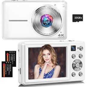 Digital Camera, 4K 64MP Autofocus 16X Zoom Camera with Dual Lens(Pink) | 2026 Latest Anti-Shake Point Shoot Camera, Compact Travel Vlogging Camera for Teens Adults Beginner, 32GB Card, 2 Batteries in Kuwait