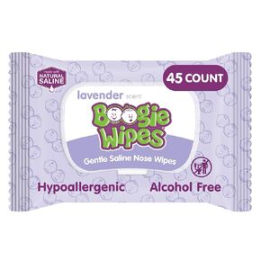 Boogie Wipes - Gentle Saline Nose Wipes Lavender Scent - 45 Count | Hypoallergenic & Alcohol-Free, Allergy Relief, Made with Natural Saline, Aloe, Chamomile & Vitamin E, Diaper Bag Essential in Kuwait