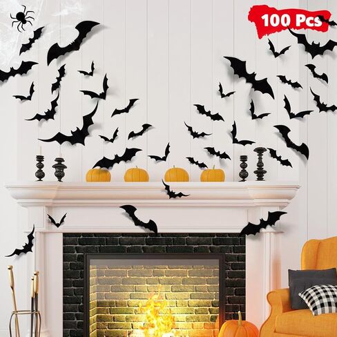 LUDILO 100pcs Bats Halloween Decorations: Halloween Bats Wall Décor Bat Stickers Decals PVC 3D Wall Bat Scary Stickers Halloweens Party Decorations Indoor Outdoor DIY Home Window Door Décor in Kuwait