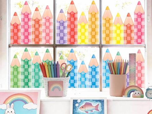 Quera 9 Sheets Pencil Window Clings Back to School Stickers Decal for Glass | Colorful Watercolor Pencils Glass Decals for First Day of School Classroom Wall Glass Blackboard Decorations, 7.8 x 11.8 inch in Kuwait