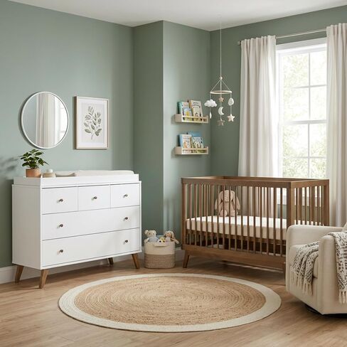 dadada Harmony Crib & Dresser Set Nursery Furniture Combo, White/Walnut | Soho 3-in-1 Convertible, Beechwood, Made in Italy, Modern Baby Crib and Austin 5 Drawer Baby Safe, Durable Nursery Dresser in Kuwait
