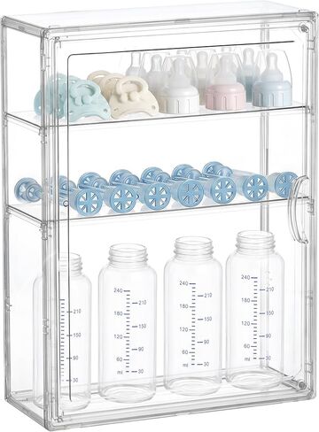 HBlife Baby Bottle Storage Organizer for Countertop Cabinet, 3 Tiers Adjustable Clear Acrylic Bottles Storage Station Case Box Container with 2 Removable Dividers and Magnetic Door, Large in Kuwait