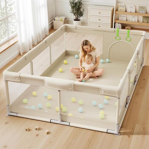 Uanlauo Beige Small Baby Playpen - 47x47in Playpen for Babies and Toddlers, Safe Indoor Play Pen, Baby Pen with Storage Bag and Breathable Mesh in Saudi Arabia