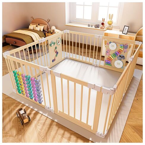 Wooden Baby Playpen, Foldable Play Yard with Built-in Toys 85"x57" | Natural Wood Playpen with Child-Proof Lock, Easy Assembly and Clean, for Babies & Toddlers, CPC Certified & SGS Tested in Kuwait