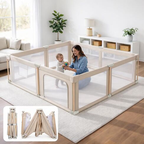 Foldable Baby Playpen with Mat, Foldable Baby Fence Play Yards for Babies and Toddlers, Play Pen with Breathable Mesh and Anti-Fall Pads (71"×59") in Kuwait