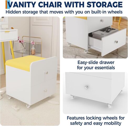 Garvee Vanity Stool Chair with Storage, 17.32" l x 15.16" w x 17.32" h PU Ottoman with Lockable Wheels & Storage Drawer, Modern Multifunctional Chairs for Makeup in Kuwait