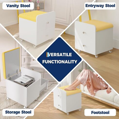 Garvee Vanity Stool Chair with Storage, 17.32" l x 15.16" w x 17.32" h PU Ottoman with Lockable Wheels & Storage Drawer, Modern Multifunctional Chairs for Makeup in Kuwait