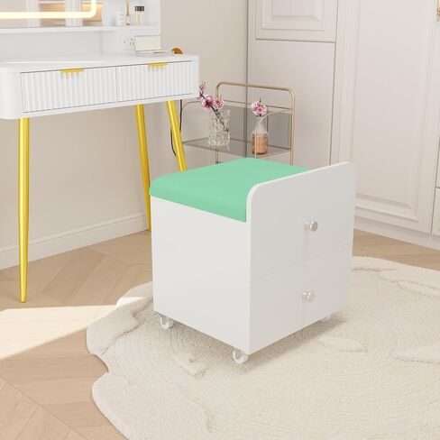 Garvee Vanity Stool Chair with Storage, 17.32" l x 15.16" w x 17.32" h PU Ottoman with Lockable Wheels & Storage Drawer, Modern Multifunctional Chairs for Makeup in Kuwait