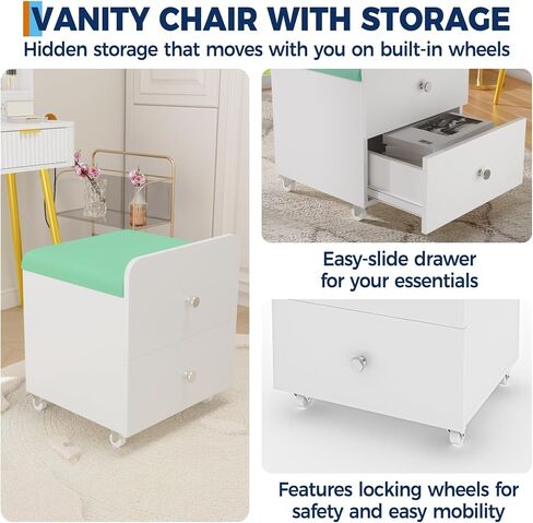 Garvee Vanity Stool Chair with Storage, 17.32" l x 15.16" w x 17.32" h PU Ottoman with Lockable Wheels & Storage Drawer, Modern Multifunctional Chairs for Makeup in Kuwait