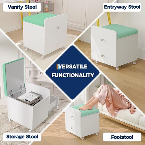 Garvee Vanity Stool Chair with Storage, 17.32" l x 15.16" w x 17.32" h PU Ottoman with Lockable Wheels & Storage Drawer, Modern Multifunctional Chairs for Makeup in Kuwait