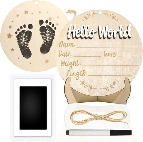 XCMVCN Baby Announcement Sign, 5.9 Inch Round Wooden Hello World Newborn Signs, Birth Announcement Sign: Equipped with Ink Pad Can Baby Handprints and Footprints for Photo Prop Hospital Nursery Gift in Kuwait