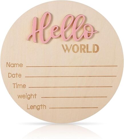Baby Announcement Sign, 5.9in Wooden Hello World Newborn Signs Birth Announcement Sign Welcome Name Plaques for Newborn Boys and Girls Photo Props Baby Shower Hospital Nursery (Light Pink) in Kuwait