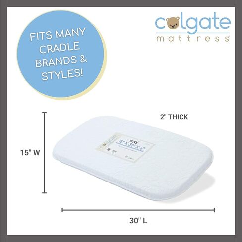 Colgate Mattress Cradle & Bassinet Mattress - GREENGUARD Gold Certified, Reversible Bassinet Pad with 2" Thickness, Wrapped in Waterproof Quilted Cover - 15" X 30" X 2" in Kuwait