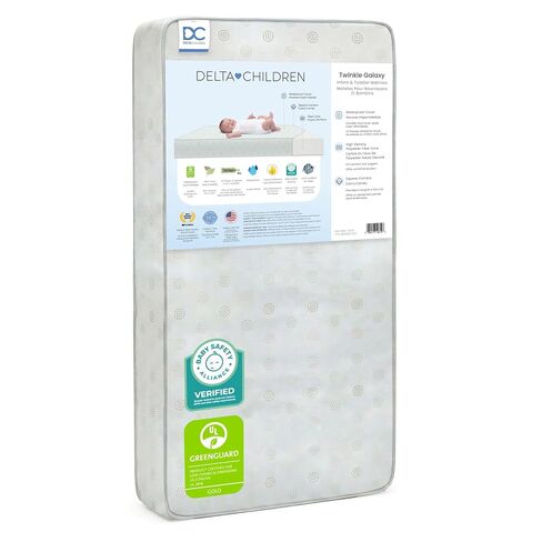 Delta Children Twinkle Galaxy Dual Sided Crib and Toddler Mattress - Premium Sustainably Sourced Fiber Core - Waterproof - GREENGUARD Gold Certified (Non-Toxic) - 7 Year Warranty - Made in USA in Kuwait