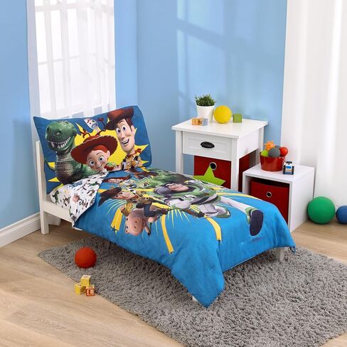 NoJo Disney Toy Story Taking Action Blue, Green and Yellow 4 Piece Toddler Bed Set - Comforter, Fitted Bottom Sheet, Flat Top Sheet, and Reversible Pillowcase in Kuwait