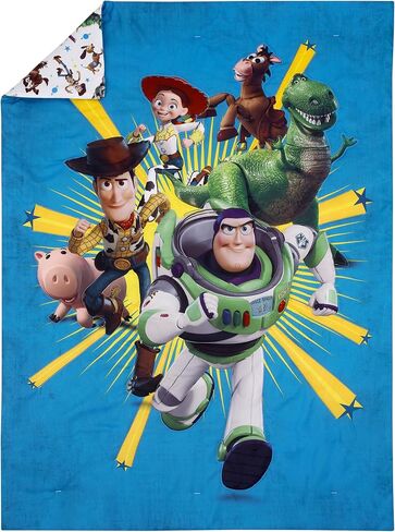 NoJo Disney Toy Story Taking Action Blue, Green and Yellow 4 Piece Toddler Bed Set - Comforter, Fitted Bottom Sheet, Flat Top Sheet, and Reversible Pillowcase in Kuwait