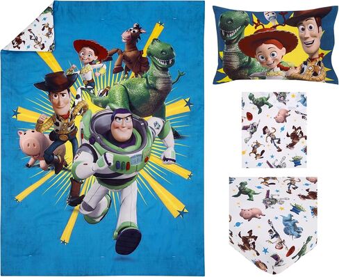 NoJo Disney Toy Story Taking Action Blue, Green and Yellow 4 Piece Toddler Bed Set - Comforter, Fitted Bottom Sheet, Flat Top Sheet, and Reversible Pillowcase in Kuwait