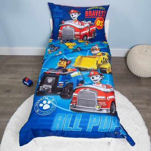 Paw Patrol Calling All Pups 4 Piece Toddler Bedding Set – Includes Comforter, Sheet Set – Fitted + Top Sheet + Reversible Pillowcase for Boys Bed, Blue in Kuwait