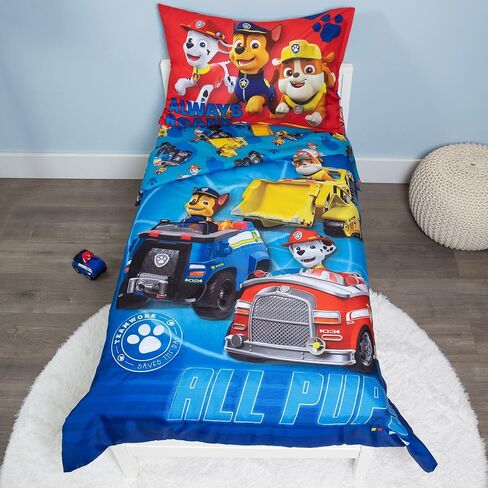 Paw Patrol Calling All Pups 4 Piece Toddler Bedding Set – Includes Comforter, Sheet Set – Fitted + Top Sheet + Reversible Pillowcase for Boys Bed, Blue in Kuwait