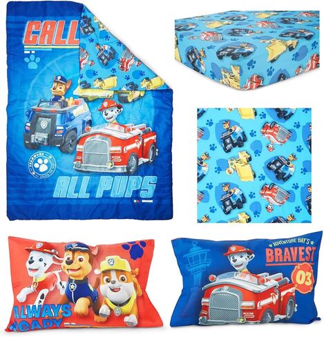 Paw Patrol Calling All Pups 4 Piece Toddler Bedding Set – Includes Comforter, Sheet Set – Fitted + Top Sheet + Reversible Pillowcase for Boys Bed, Blue in Kuwait