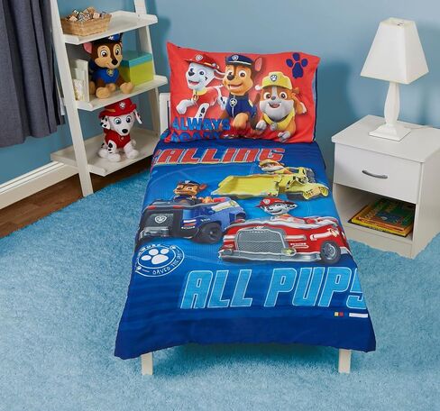Paw Patrol Calling All Pups 4 Piece Toddler Bedding Set – Includes Comforter, Sheet Set – Fitted + Top Sheet + Reversible Pillowcase for Boys Bed, Blue in Kuwait