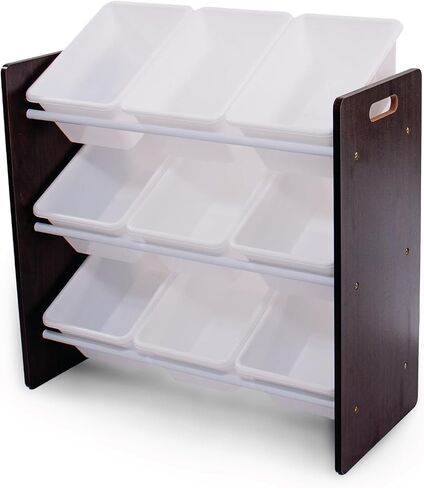 Humble Crew Kids Toy Organizer with 9 Bins, 3 Tier Storage for Playroom | Sturdy wood and steel toddler shelf, removable BPA-free containers, wall anchor anti-tip safety kit for bedroom or classroom in Kuwait